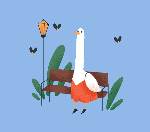 Cute she-goose relaxing in park, sitting on bench. Funny fairytale bird girl in clothes, dress resting outdoors. Childish fairy tale amusing character. Childrens flat vector illustration.