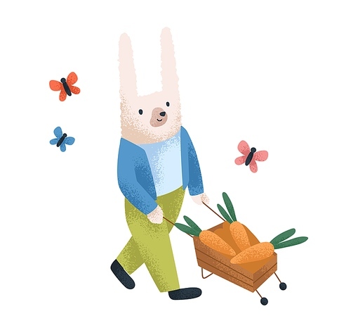 Cute rabbit with carrots. Funny bunny farmer with harvest on wheelbarrow. Childish character, fairytale animal on farm. Hare with vegetables. Flat vector illustration isolated on white .