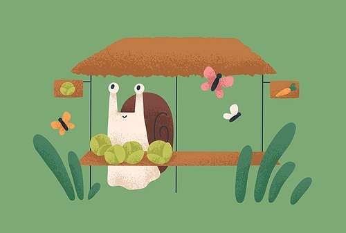 Cute snail selling vegetables at farm market. Funny baby animal behind counter with cabbage. Amusing fairytale character from childrens fiction. Nursery childish flat vector illustration.