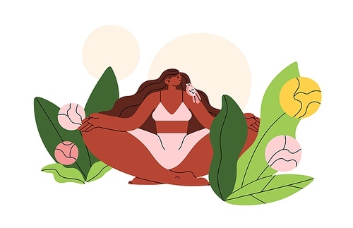woman meditating in nature. peaceful female relaxing in harmony. balance, peace, zen and mental health concept. spiritual meditation in flowers. flat vector illustration isolated on .