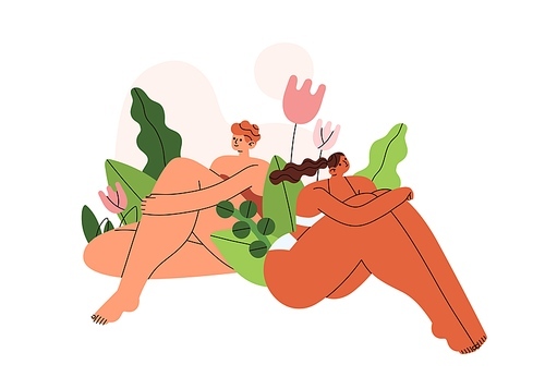 Woman with naked body in underwear. Nude female couple in bikini sitting among flowers in nature. Women health, gynecology concept. Flat vector illustration of girlfriends isolated on white .
