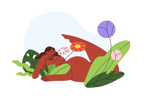 Body-positive black woman in flowers. Happy nude figure of female in nature. Naked person lying, relaxing in plants. Women health concept. Flat vector illustration isolated on white .