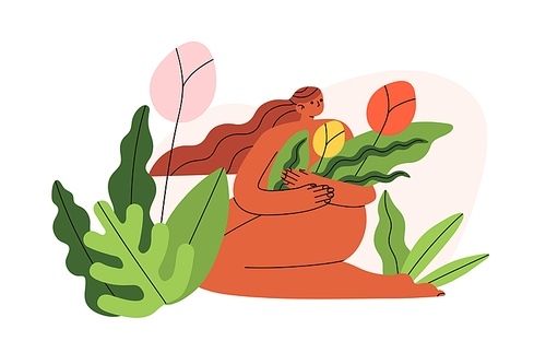 Nude woman with flowers. Happy naked female with plants in nature. Psychological concept of body positive, mental health, self-perception, love. Flat vector illustration isolated on white .