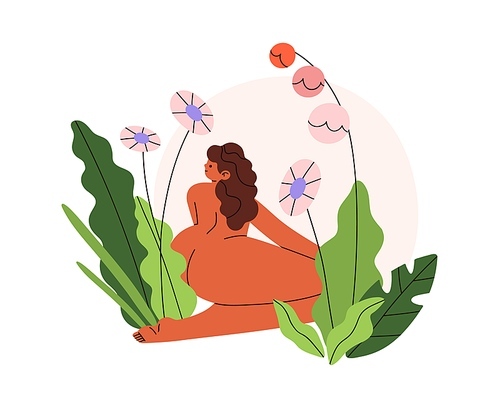 Nude womans body in flowers, plants. Female in unity, harmony with nature. Naked lady outdoors. Self-love and perception, psychological concept. Flat vector illustration isolated on white .