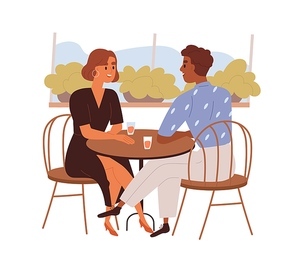 Love couple talking on date in cafe. Biracial man and woman sitting at table in romantic evening, rendezvous. Lovers chatting in restaurant. Flat vector illustration isolated on white .