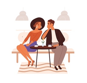 Love couple in cafe on date. Happy woman and charmed man sitting at table with coffee cups, looking at each other. Romantic meeting in cafeteria. Flat vector illustration isolated on white .