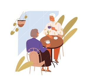 Old love couple on romantic date in cafe. Man, woman of senior age talking, sitting at table with coffee cups. Elderly people, husband and wife. Flat vector illustration isolated on white .