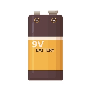 9v energy battery. alkaline 9 v power dry baterry of rectangle shape. nine volt, voltage general purpose item for electric devices. colored flat vector illustration isolated on white .