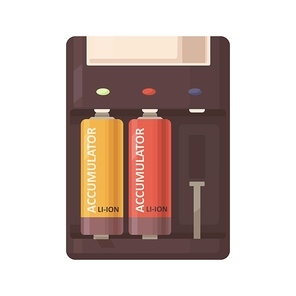 li-ion cylinder accumulators charged in charger holder, case with slots for rechargeable batteries. recharger compartment for lithium baterry. flat vector illustration isolated on white .