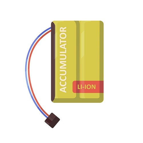 li-ion accumulator with wires, cables and terminal clamp connector. rechargeable lithium liion battery of rectangle shape for electric devices. flat vector illustration isolated on white .