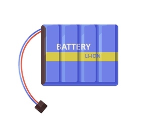 li-ion battery pack with wires, terminal clamp, connector. rechargable baterry with cable for electric gadgets, electronics. flat vector illustration isolated on white .