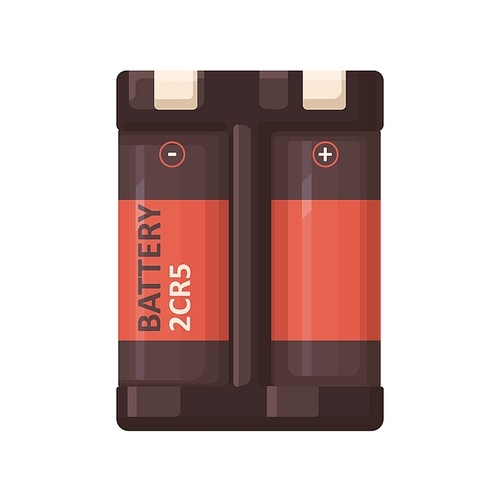 battery pack of 2cr5 type. 6 v volt dry rechargeable cells of cylinder shape. cylindrical high-capacity energy baterries for electric devices. flat vector illustration isolated on white .