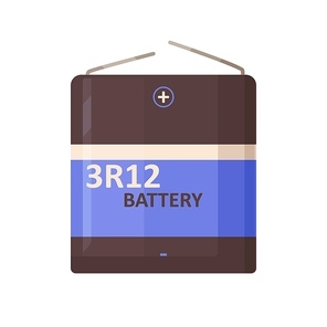 dry 3r12 battery from zinc and carbon. high energy electronic devices baterry of rectangle shape. electric power accumulator icon. flat cartoon vector illustration isolated on white .
