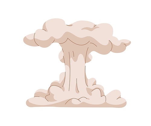 Blast cloud after bomb explosion. Big bang. Exploding, bursting silhouette. Mushroom-shaped boom outburst. Detonation effect with dust, fume puff. Flat vector illustration isolated on white .