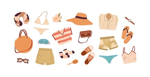 Summer travel stuff set. Beach clothes, accessories for summertime holiday. Bag, bikini, flip-flops, hat, swimsuit and pillow for vacation trip. Flat vector illustrations isolated on white .