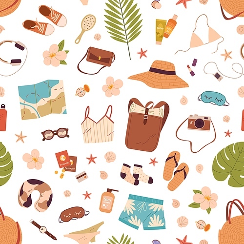 Travel stuff pattern. Seamless background with camera, backpack, bikini, passport for summer beach holidays. Repeating  with accessories and clothes for journey. Colored flat vector illustration.