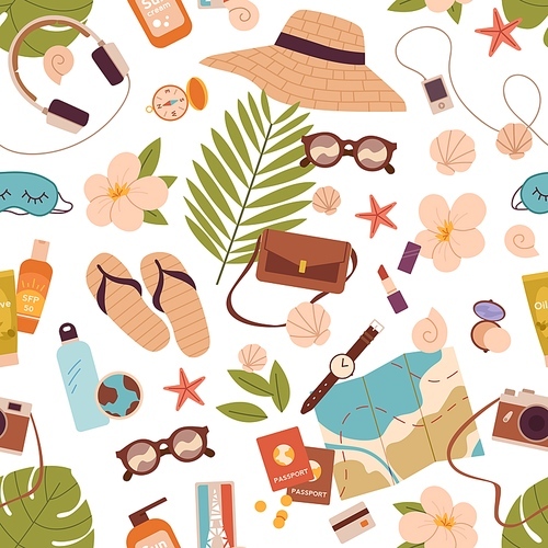 Summer travel pattern with holiday stuff. Seamless background with beach items . Endless texture with sea vacation accessories, hat, sunglasses, passport, map. Colored flat vector illustration.