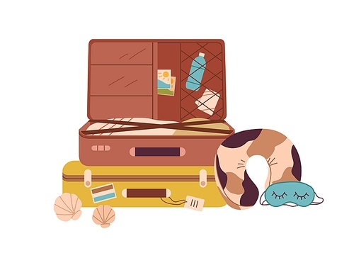 Packed suitcases with summer stuff. Open travel luggage with beach accessories and clothes. Holiday baggage, neck pillow for summertime journey. Flat vector illustration isolated on white .