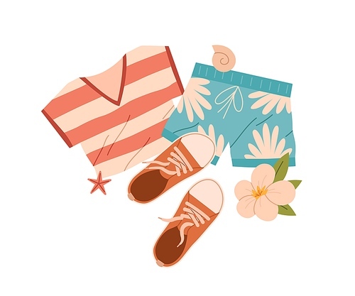 summer clothing with t-shirt, beach shorts, sneakers. tourists apparel, travel garments with tshirt. holiday outfit, wearing for summertime. flat vector illustration isolated on white .