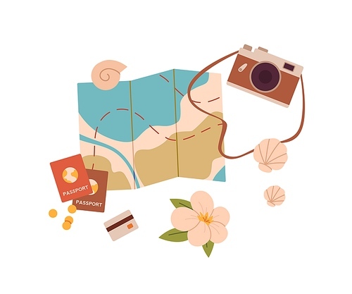 map, camera, passports, money and bank card for sea travel. tourists stuff, things for summer tour, vacation voyage. travelers objects. flat vector illustration isolated on white .