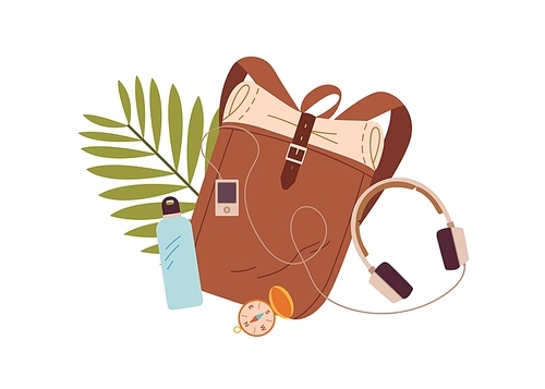 Backpack and travel stuff. Hiking bag, water bottle, compass, headphones and mp3 music player composition. Packed hand luggage and accessories. Flat vector illustration isolated on white .