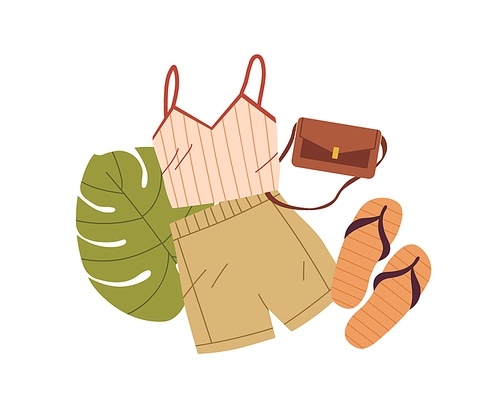 summer tourists clothes, shoes, accessory. female top, women shorts, beach flip-flops, bag composition. apparel, garments for summertime vacation. flat vector illustration isolated on white .