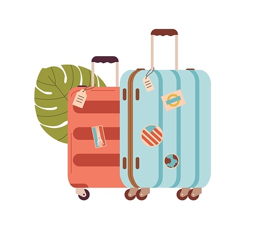 Wheel luggage for travel. Modern suitcases with handle, baggage tags and stickers. Holiday bags. Tourists packages. Flat vector illustration isolated on white .