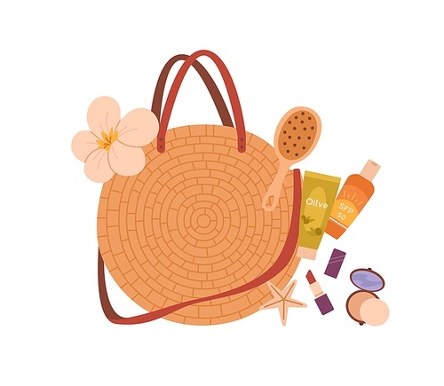 round straw bag with summer beach essentials. woven women accessory with contents, cosmetics, suncream, lipstick, hairbrush, powder and flower. flat vector illustration isolated on white .