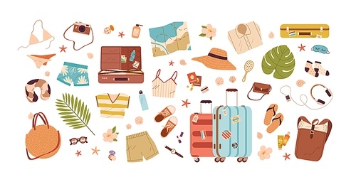 beach stuff for summer travel set. vacation accessories for sea holidays. female items. tourists objects bundle, suitcases, bags, bikini, map. flat vector illustrations isolated on white .
