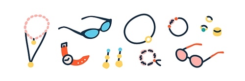 women accessories set. gold rings, necklaces, earrings, bracelets, pendants, watches and summer sunglasses. fashion jewelery items for woman. flat vector illustration isolated on white .