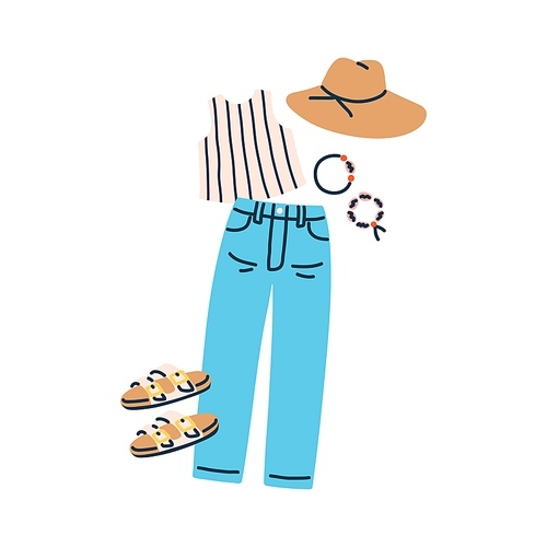 summer fashion outfit for women. casual female clothes set with hat, jeans pants, sandals, bracelets and blouse. trendy garments with accessories. flat vector illustration isolated on white .