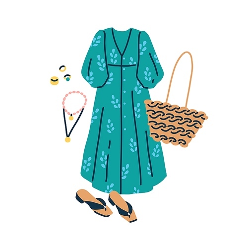 women fashion outfit with dress and accessories. summer casual clothes set with bag, shoes, jewellery, necklace, rings. modern trendy garments. flat vector illustration isolated on white .