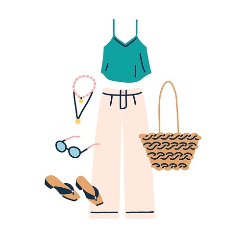 summer fashion outfit. casual women clothes set with pants, sunglasses, beach bag, top, necklace and shoes. modern garments with accessories. flat vector illustration isolated on white .