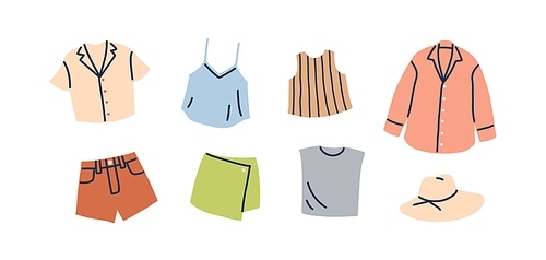 summer clothing set for women. casual holiday wearing. fashion female apparel. modern shorts, shirts, hat, top, skirt and blouse for summertime. flat vector illustrations isolated on white .