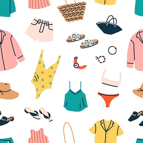 Seamless pattern with women summer clothing. Endless background with beach garments, fashion accessories for travel. Repeating  with swimsuits, bikini, bag, hat. Flat graphic vector illustration.