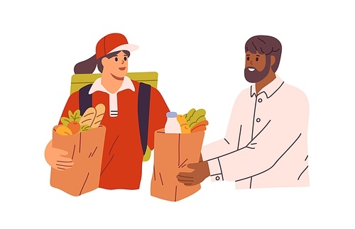 Grocery delivery. Person receiving delivered goods from shop. Courier and customer with paper bags. Deliveryman giving food products in packages. Flat vector illustration isolated on white .