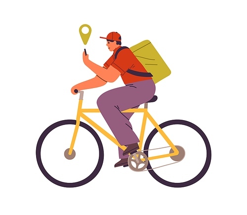 Courier on bicycle, delivering food and goods. Deliveryman with bag riding bike, looking for route in smartphone. Man with backpack cycling. Flat vector illustration isolated on white .