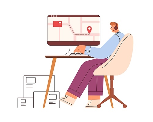Manager controlling shipping, logistics in delivery service office. Supervisor checking route, tracking shipment with online map at computer. Flat vector illustration isolated on white .