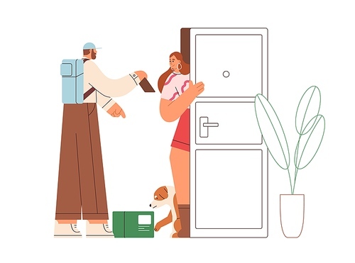 Delivery man with delivered order in box. Customer opening door to receive package from courier. Woman and deliveryman from postal service. Flat vector illustration isolated on white .