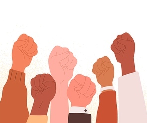 Human fists raised up high with power, fighting against discrimination. Strong hands struggling for democracy, rights at revolution, strike, riot. Flat vector illustration isolated on white .