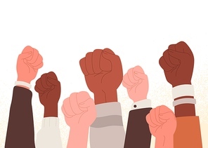 Peoples fists raised up at protest, strike. Activists arms. Crowd at demonstration, revolution. Fight for human rights and freedom concept. Flat vector illustration isolated on white .