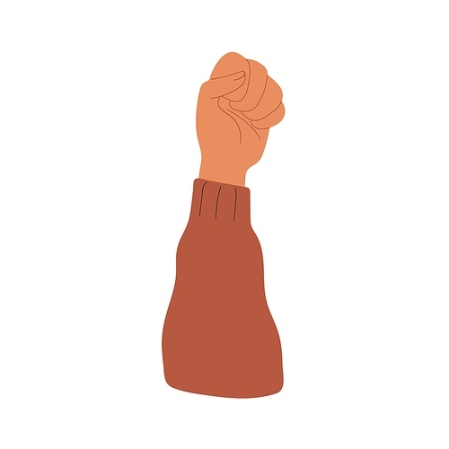 Clenched fist, arm raised up. Activist rising up strong hand for protesting against demonstration, fighting for justice, human rights, freedom. Flat vector illustration isolated on white .