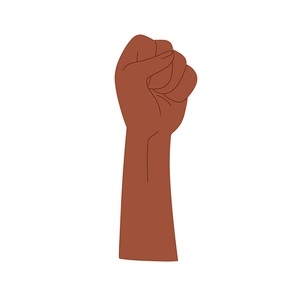Hand, arm of black person raised up. Clenched fist of African-American activist, rising for freedom, BLM, resisting race discrimination. Flat graphic vector illustration isolated on white .