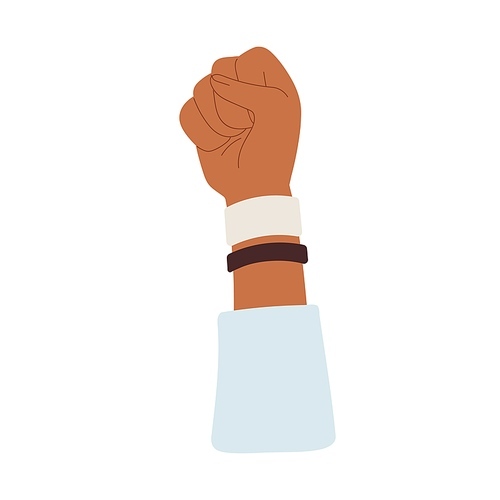 Hand raised up with clenched fist and bracelets for solidarity. Activist with arm rising high, resisting, protesting and fighting for freedom. Flat vector illustration isolated on white .
