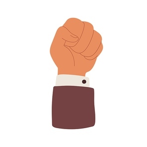 Hand, clenched fist raised up for solidarity. Strong arm of activist rising high for strike, protesting, fighting against labor discrimination. Flat vector illustration isolated on white .