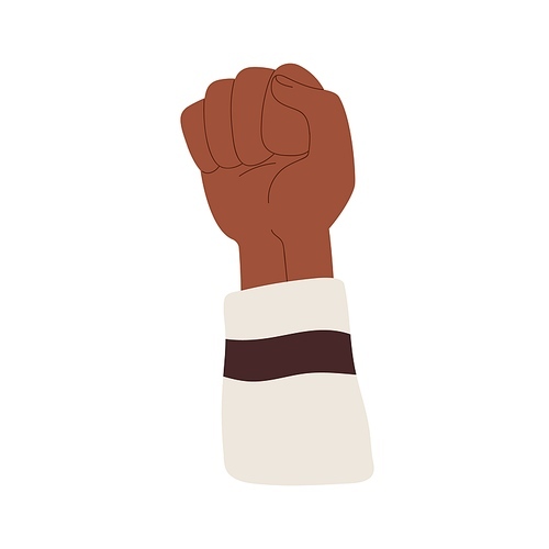 Hand raised up with clenched fist of African person, fighting against race discrimination. Human arm rising high for BLM, revolution. Flat graphic vector illustration isolated on white .