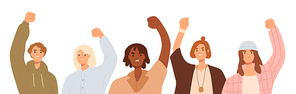 Woman activists at protest. Women at demonstration, fighting for freedom, , rights. Female strike. Protesters with raised fists, hands. Flat vector illustration isolated on white .