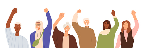 People with clenched fists, hands raised up at protest. Crowd fighting for empowerment. Diverse group movement. Activists at strike. Flat graphic vector illustration isolated on white .