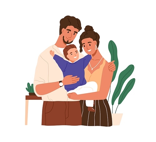 Foster family portrait. Happy mother, father and adopted kid. Smiling parents and adoptive child. Mom, dad and son. Children adoption concept. Flat vector illustration isolated on white .