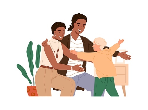 Foster parent hugging adopted child. Happy family with adoptive kid. African mother and father with son of different race. Adoption concept. Flat vector illustration isolated on white .